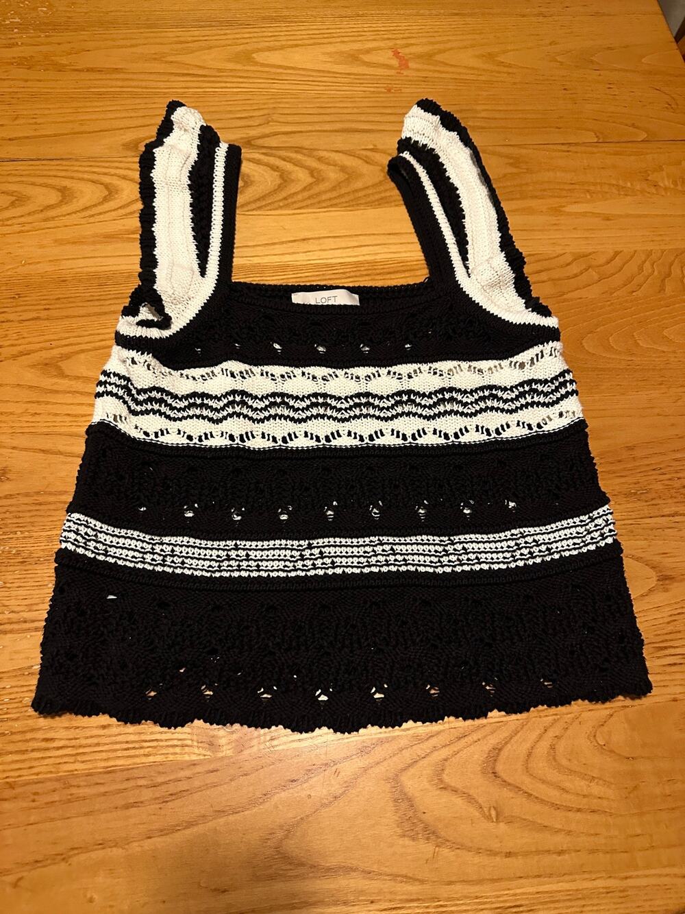 LOFT Black White Striped Crochet Knit Tank Top Ruffle Shoulder Strap Women's L